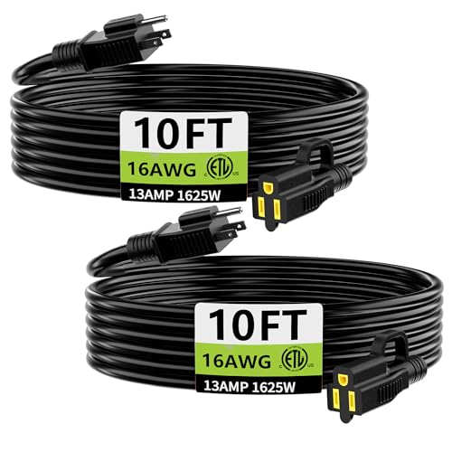 HUANCHAIN 10 FT 2 Pack Outdoor Extension Cord Waterproof, 16/3 Gauge 3 Prong Black Extension Cord Outside, 13A 1625W 16AWG SJTW, Flexible Cold-Resistant Appliance Electric Cable, ETL - color: Black with Hook, size: 10FT-2pcs, style: 16/3 Extension Cord