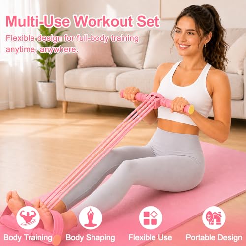 Pedal Resistance Band with Handle & Foot Pedal Resistance Band, 6-Tube Detachable Adjustable Thai Natural Rubber Band for Abs, Arms, Waist & Legs, Home Workout Equipment - color: pink