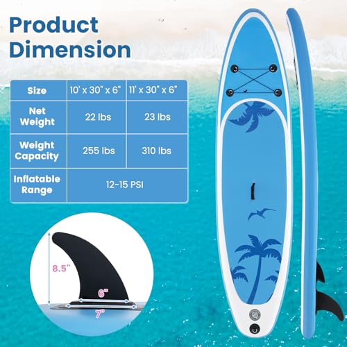 KOTEK 10FT/11FT Inflatable Paddle Board, SUP Paddleboard with Hand Pump, Safety Leash, Repair Kit, Carry Bag, Non-Slip EVA Deck, Stand Up Paddle Board for Youth & Adults - size: 11 FT, style: Blue Coconut Palm