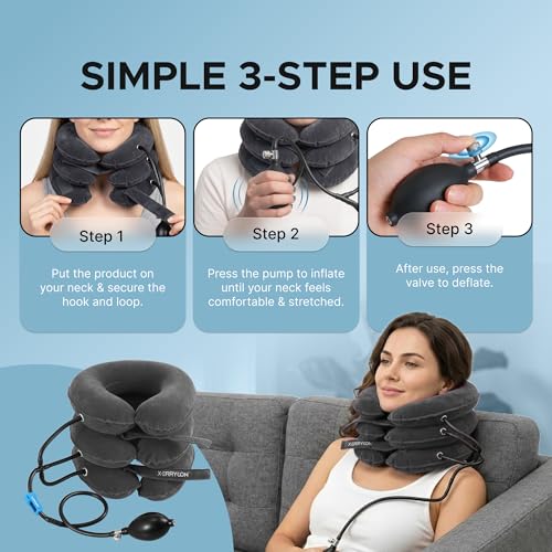 Inflatable Neck Stretcher for Neck Pain Relief, Cervical Traction Device with Hand Pump, 3-Layer Adjustable Neck Decompression Collar for Pinched Nerve, Stiff Neck & Tech Neck Support | Breathable Material - color: Platinum Grey Mist