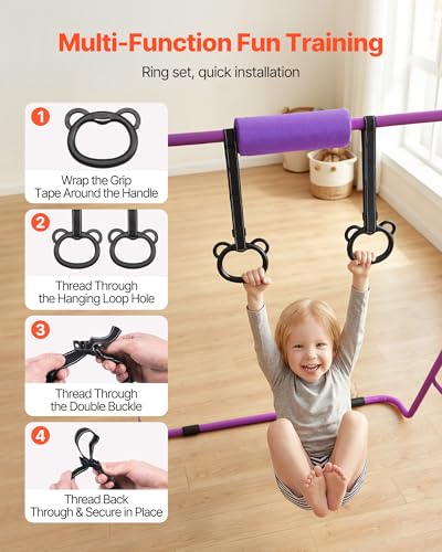 VEVOR Gymnastic Bars for Kids, 140 lbs Capacity Folding Training Kip Bar with Mat, 5 Adjustable Height Gymnastic Horizontal Bar Home, Training Equipment for Indoor Outdoor, Easy Assemble - color: Purple