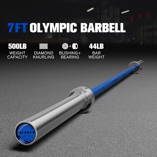 RitFit Elite 7ft Olympic Barbell, Robust 45lb Barbell for Weightlifting and Powerlifting, Superior Olympic Bar with Exceptional 500lbs Load Capacity, Weight Bar for 2” Standard Plates - color: Silver/Blue, size: 7 ft 500 lb 45 lb without Collar