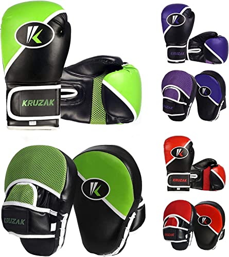Kruzak Premium Boxing Gloves and Focus Mitts Set for Kickboxing and Muay Thai MMA Training| Focus Pads and Training Gloves | Fitness Kit for Martial Arts & Karate | 08, 10, 12, 14, 16 oz Gloves - color: Black and Green, size: 12 oz