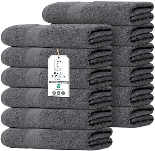 Commercial Bulk Pack of 12 Small Bath Towels – 100% Cotton Terry 24" x 46" – Ideal for Hotels, Salons, Gyms, Spas & Institutional Use – Charcoal Grey - color: Charcoal Grey, size: 24"x46" - PK 12