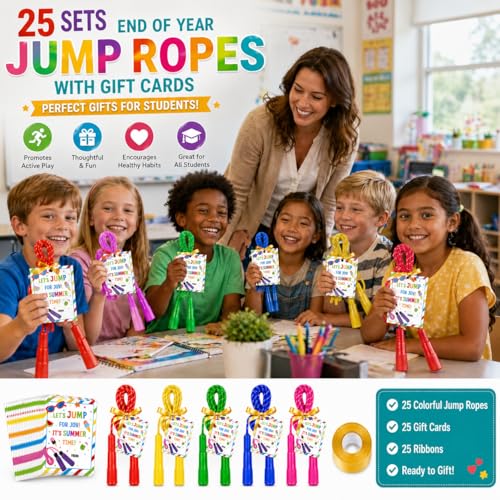 25 Set Jump Ropes for End of Year Student Gifts – 7.7ft Rainbow Adjustable Skipping Ropes Bulk with Cards for Teachers, Students, School Parties & Outdoor Activities - color: Colorful