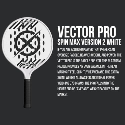 Vector Pro Spin Max Version 2 Platform Tennis Paddle by Xenon Paddle, Oversize Head, Even Balance Point, Medium Firmness Foam Core, Power and Control, 4.25” Grip, White