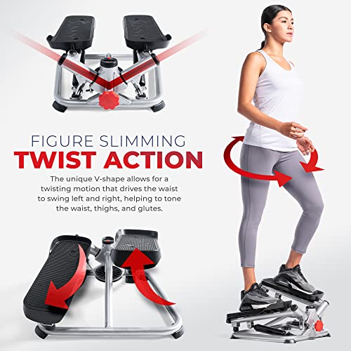 Sunny Health & Fitness Twist Stair Stepper with Resistance Bands | Low-Impact, Side-Twist Motion, Adjustable Step Height, Hydraulic Resistance, SunnyFit App, Up to 350 lb Capacity - color: Grey