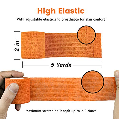 FRESINIDER 9 Rolls Self Adhesive Wrap Athletic Tape Gauze, Breathable Elastic Cohesive Bandage for Sports Injury & Pet (7 Pcs 2" x 5 Yards + 2 Pcs 1" X 5 Yards) (Orange) - color: Orange