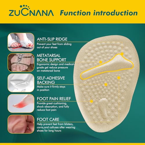 ZUCNANA Ball of Foot Cushions (Beige) | Metatarsal Pads for Women (6 Pairs Foot Pads) | Reusable Shoe Inserts for Pain Relief | Non-Slip Heel Cushion Inserts Best for Neuroma and Callus - color: Beige