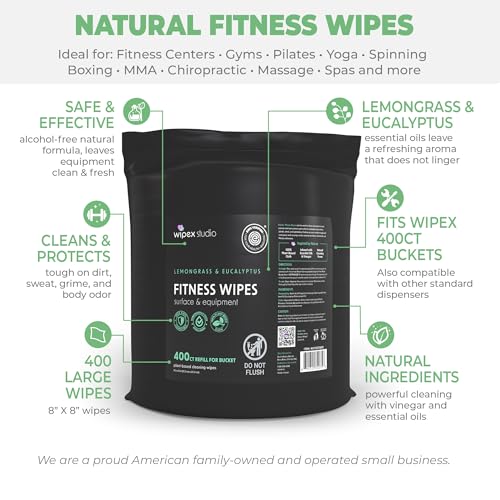 Wipex Fitness Wipes Bucket Refill Roll - EWG Verified - Plant-based Fitness Equipment Wipes, Lemongrass, Eucalyptus & Vinegar to Clean Surfaces, Yoga Mat & Gym Cleaner and Peloton Bikes, 400 Count - size: 1 Count (Pack of 400)