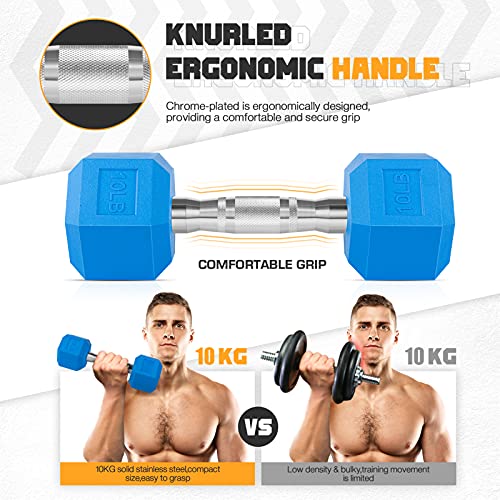 Portzon 8 Colors Options Compatible with Set of 2 Rubber Dumbbell,Anti-Slip, Anti-roll, Hex Shape,Blue-50LB