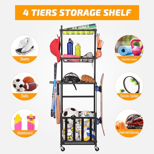 PLKOW Sports Equipment Storage for Garage, Indoor/Outdoor Sports Rack for Garage, Ball Storage Garage Organizer with Basket and Hooks,Toy/Sports Gear Storage - color: Black, 17.2"L x 12.6"W x 59"H