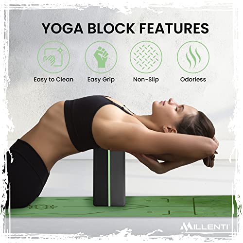 Millenti Gray Black Yoga Block Yoga Brick - Sold as Single EVA Foam Block, Bevelled Edge, Non-Slip, Latex-Free Block with a Workout Chart 9x6x4” - color: Green