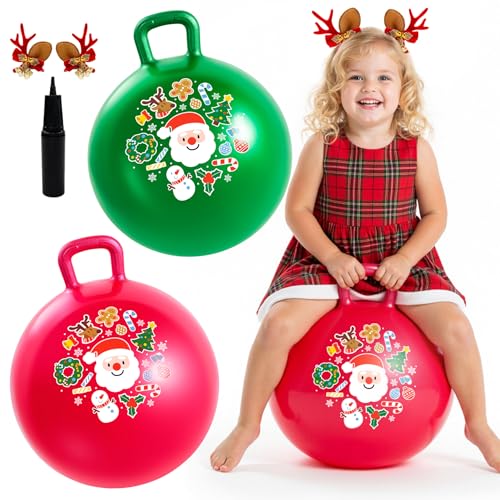 2-Pack Hopper Ball for Kids 18In Sit On Bouncy Ball with Handle with Christmas Reindeer Ears, The Top Green & Red Christmas Boys Girls Gifts for 4 5 6 7 8 Yr Old Indoor Outdoor Active Play - color: Red + Green Christmas, size: Age:4-8(18''/45cm)