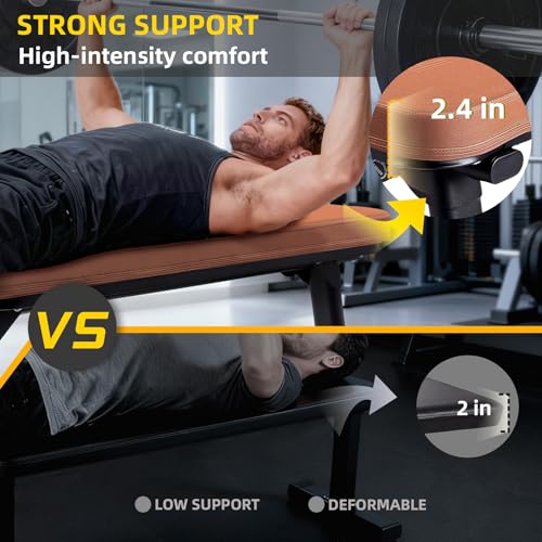 Flat Weight Bench, 2.4 Inch Thick Pad Workout Bench 660 LBS Bench Press Exercise Equipment for Home Gym Strength Weight Training - color: Brown, size: 43 in Foldable
