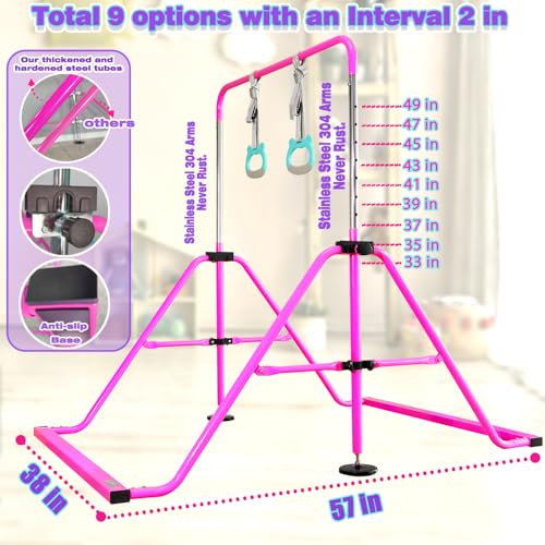 Folding Gymnastics Bar with Rings, Foldable Kip Bar with Sturdier Base, Training Bar for Kids Ages 3-10, Horizontal Bar, Home Gym Equipment for Boy Girl - color: Purple, style: Foldable Bar