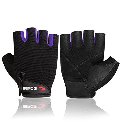 BEACE Weight Lifting Gym Gloves with Anti-Slip Leather Palm for Workout Exercise Training Fitness and Bodybuilding for Men & Women - color: Purple, size: Medium