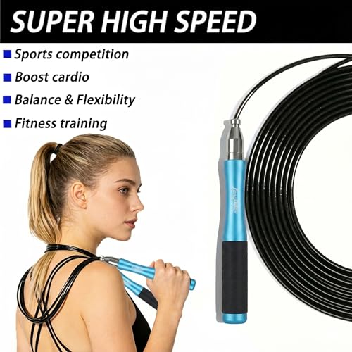 LANGETUKEE Speed Jump Rope - Professional Aluminum Alloy Skipping Rope with 360° Bearings - Adjustable 4mm Steel Cable for Double Unders, Boxing, MMA, HIIT & Cardio Training - Anti-Slip Grip - color: Blue3