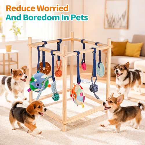 Wooden Puppy Play Gym for Small Dogs, Puppy Jungle Gym with 8 Hanging Toys, Wood Frame Indoor Puppy Gym with Dog Enrichment Toys for Puppies and Small Pets - color: Wood