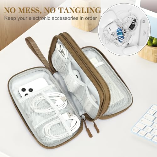 FYY Electronic Organizer, Travel Tech Pouch Bag, Medium, Brown | Wrist Strap, Waterproof, Double Layers Portable Electronics Travel Carrying Case for Cord, Charger, Daily Business Trips Use - color: Brown, size: Medium