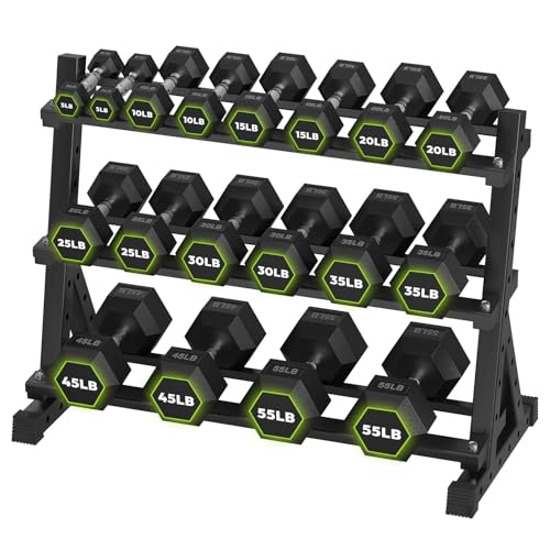 HANDBODE Rubber Coated Hex Dumbbell Set with Rack, 300-840 lb | Fixed Weights Sets with Heavy Duty Storage Stand, Multiple Weight Options Home Gym Equipment for Strength Training - style: 480 lb Set (5-55 lb) with Rack