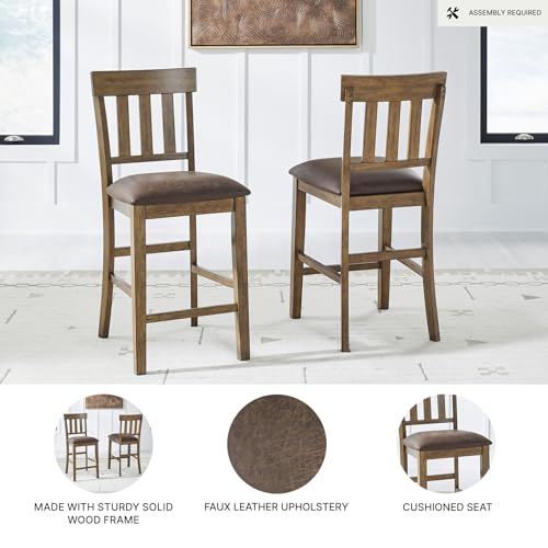 Signature Design by Ashley Wood Counter Height Bar Stools, Set of 2, Brown | Wipeable faux leather seat on sturdy wood frame, Farmhouse style ideal for 35-37 in kitchen islands, Vallister Series - color: Light Brown, style: Barstool