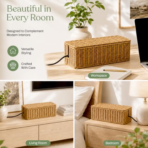 Cable Management Box Set of 2 Sizes, Handmade Rattan Cable Organizer with 2 Open Slots, Cord Hider for Power Strip, Router & USB Hub, Registered U.S. Design Patent (D1,112,102), Natural - color: Natural, style: Standard + Large Set