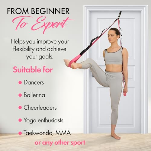 10-Loop Yoga Strap with Door Anchor – Stretch Strap for Flexibility, Deep Stretching, and Improved Balance – Perfect Yoga Accessory for All Fitness Levels - color: Pink