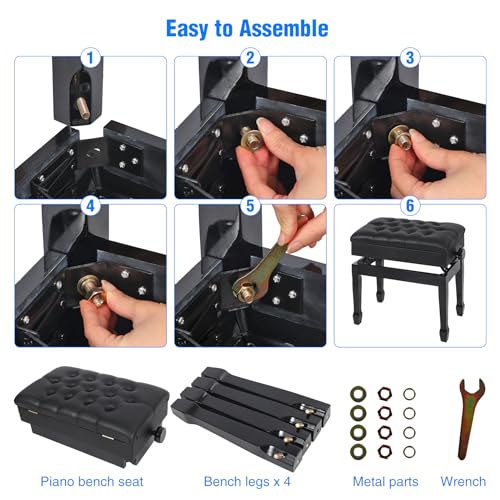 Adjustable Height Piano Bench with Storage, Heavy Duty Wooden Piano Stool Keyboard Bench with PU Leather Cushion, Black - color: Black Matte