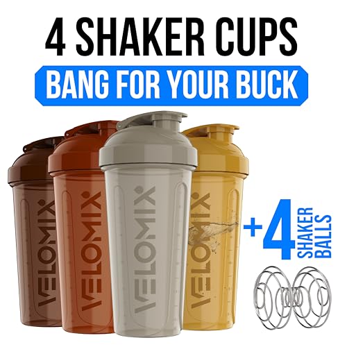 VELOMIX 4 Pack 28oz Shaker Cups for Protein Shakes, Urban Tone | 4x Wire Whisk, Leak Proof Protein Shaker Bottle for Protein Mixes, Stackable, Dishwasher Safe, Gym Ready, Measurement Marks - color: A3) Urban Tone