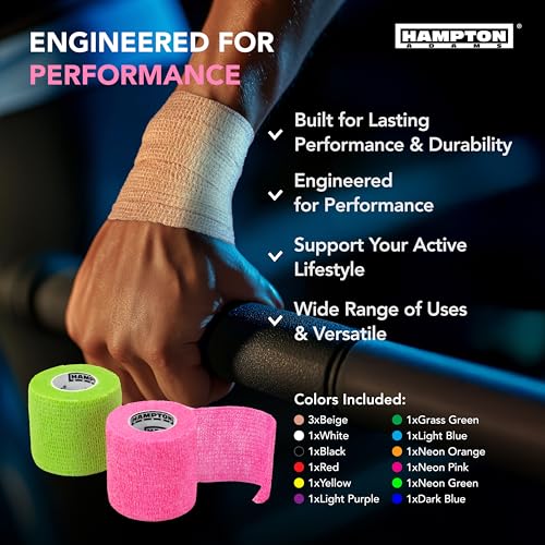 Hampton Adams | As Seen on Shark Tank | Self Adhesive Bandage Wrap (14-Pack) | 15ft | Pet Safe | Breathable Athletic Elastic Cohesive Bandage for Sports Injury Ankle Knee Wrist sprains (Rainbow Mix) - color: Rainbow Mix