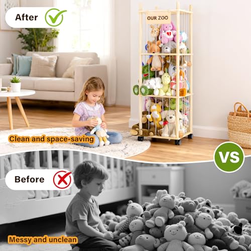 Dayacoco Stuffed Animal Storage with Brake Wheels, Wood Stuffy Animal Storage Zoo Holder Bin, Large Capacity Toy Organizer with Elastic Band and Net for Nursery Play Room Bedroom (Pine Wood 54in) - size: 3 Tiers with Wheels