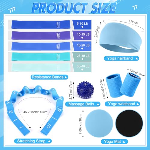 Poen 18 Pcs Home Pilates Kit for Women Pilates Ball and Ring Circle Set Yoga Fitness Essential with 5 Resistance Band Stretching Strap Non Slip Sock Ball Core Slider Wristband Headband Gym Bag - color: Blue