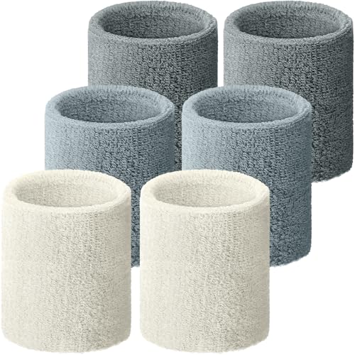 Willbond Wrist Sweatbands, Sports Sweatbands for Competition, Sweat Absorbent, for Basketball, Tennis, Football, Running and Work (Pack of 6) - color: Elephant Gray, Water Blue, Beige
