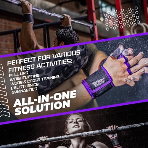 JerkFit WODies Gymnastics & Weightlifting Grips with Wrist Wraps – 3 Hole Versatile Gym Gloves for Pull Ups, Gym Training & Cross Training – Hand Grips Palm Protector for Men & Women - color: Purple, size: Medium 3.5”- 4”