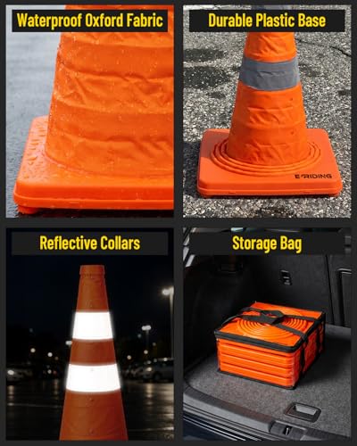 E-riding 28 Inch 4 Pack Collapsible Traffic Cones | Pop-up Orange Cones with 2 Reflective Collars, Multi-Purpose Protable Safety Cones for Parking Lot, Driving Training - size: 28 Inch