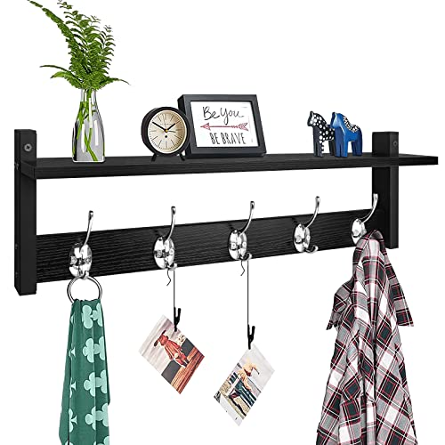 Homode Coat Rack Wall Mount with Shelf, 24" Long Entryway Shelf with Hooks Underneath, Wooden Coat Hanger for Hanging Hats, Bathroom Towels, Clothes, Black - color: Black, size: 24 Inch Long
