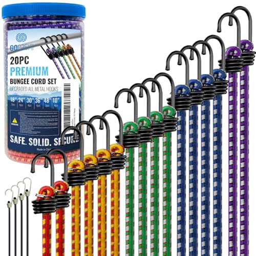 GOEASY0312 Premium Bungee Cords Heavy Duty, Multi-Color | 20 pcs with Hooks, Storage Jar Included, 10", 18", 24", 30", 36", 48" Bundle