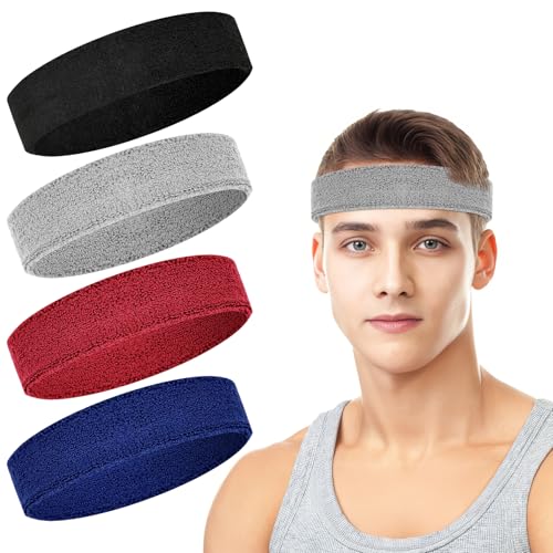 4 Pack Cotton Terry Sweat Headbands for Men Women Running Gym | 4 pack soft cotton terry headbands, Stretch 7 to 15 inches, Sweat-wicking, stays put for running, tennis, basketball & yoga - color: Black/Gray/Blue/Red