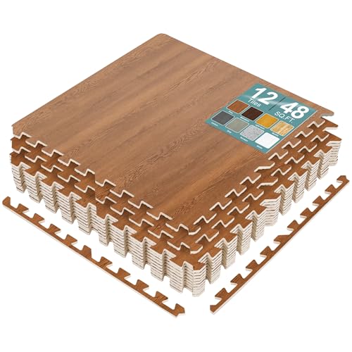Sorbus 48 Sq. Ft. Wood Grain Floor Tiles Foam Mat EVA Interlocking Mats Tile 3/8-Inch Thick Flooring Wood Puzzle Exercise Mats w/Borders - Home Playroom Basement, Apartment, Trade Show, Baby, Dance - color: Pine, size: 12 Pack