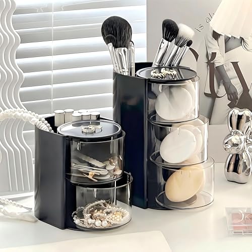 Azurphoric Hair Accessories Organizer with Hair Brush Holder, Rotatable Makeup Brush Holder for Necklaces, Earring, Bracelet, Ring, Makeup Brushes, Hair Clip and Hair Accessories (Black, 2-Layer) - color: Black, size: 2-Layer