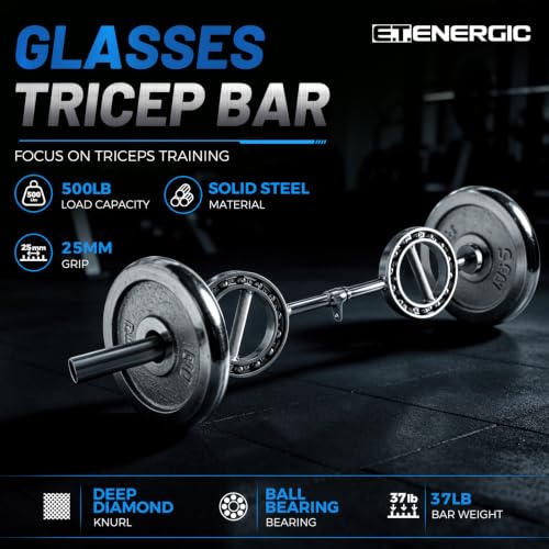 47” Chrome Steel Rotating Tricep Bar, 500LB | Eye-shape bar with 25mm knurled rotating handles, 2-inch Olympic plate fit, and cable machine compatibility
