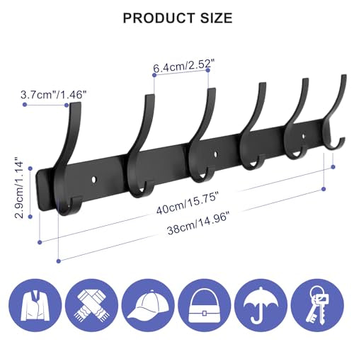Coat Rack Wall Mounted,6 Coat Hooks for Hanging Coats,Metal Double Hook Rack Hook Rail,Coat Rack with Hooks,Wall Mount Coat Hanger for Hat Towel Purse Robes (2 Pack Black, 6 Hooks) - color: 2 Pack black