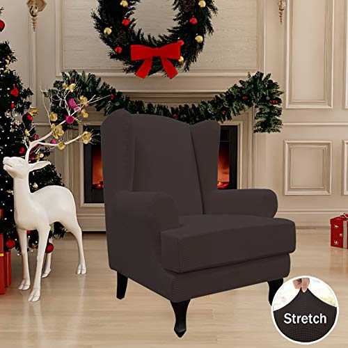 Easy-Going Stretch Wingback Chair Sofa Slipcover 2-Piece Sofa Cover Furniture Protector Couch Soft with Elastic Bottom, Spandex Jacquard Fabric Small Checks, Chocolate - color: Chocolate