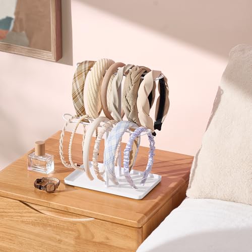 Headband Holder Organizer, 2-Tier T-bar Storage Stand with Tray for Hair Accessories Hairband Hair Clip, for Girls Women, White - color: White-white