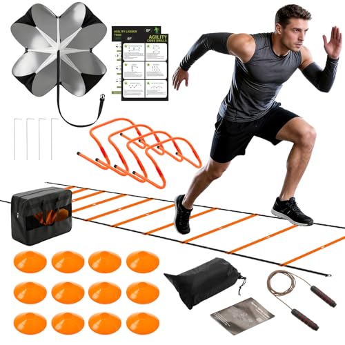 Agility Ladder Speed Training Equipment Set, 4 Adjustable Hurdles | 20 ft Ladder, 12 Cones, Jump Rope, Resistance Parachute, Soccer, Basketball, Football Practice Equipment for Youth, Adults - color: Orange, size: 17.18"*5.72"*13.32"