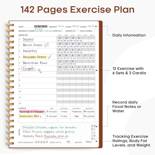Fitness Workout Journal for Women & Men, A5(5.5" x 8.2") Workout Log Book Planner for Tracking, Progress, and Achieving Your Wellness Goals-Rust Brown - color: h.Rust Brown
