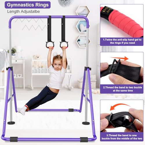 RINREA Gymnastic Bars for Kids, Adjustable Height Horizontal Bar for Home | 5-Height 35"-51", Foldable & Space-saving, Indoor Outdoor Training Kip Bar, with Gymnastics Rings & Gymnastics Pad - color: Purple