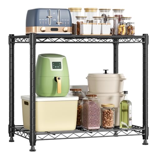 DUMOS 2-Tier Metal Wire Storage Shelves, Adjustable Standing Storage Rack Shelf, Heavy Duty Steel Shelving Unit Organizers for Kitchen Bathroom Pantry Garage, 23.1" Wx13.1 Dx22.2 H, Black - size: 2 Tiered-22.1"H without wheels