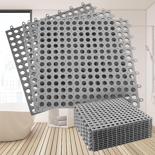 12Pack 12" x 12", Interlocking Rubber Floor Tiles Soft PVC Non-Slip Tile Splicing Shower Mat Outdoor Cushion Mat for Bathroom, Deck, Drain, Pool, Patio, Balcony, Kennel Grey